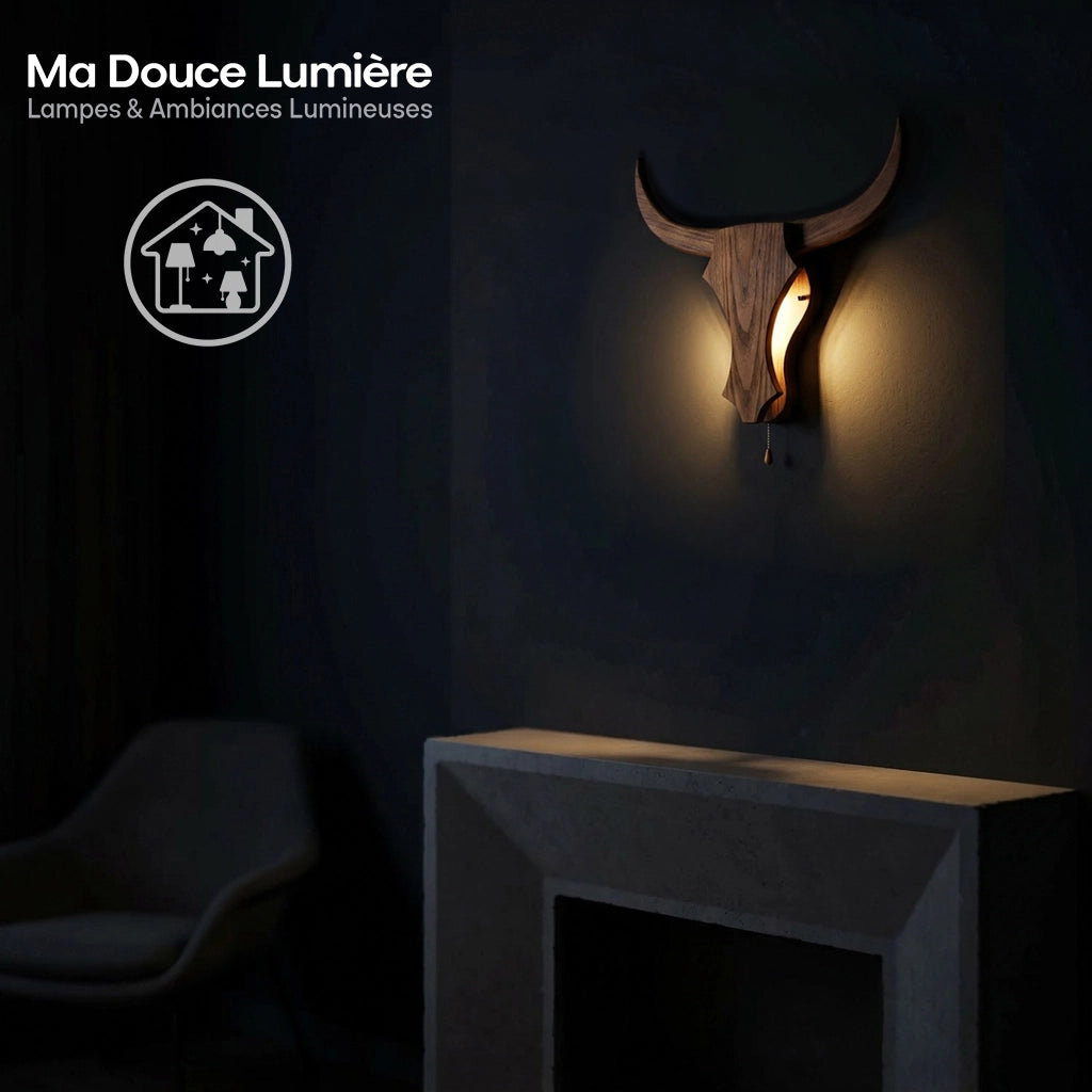 Applique murale bois cheminee nuit logo