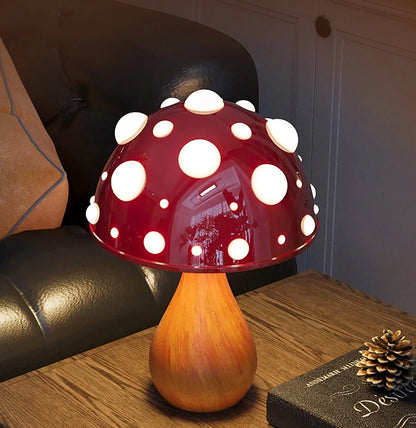 Lampe champignon boisé table fauteuil