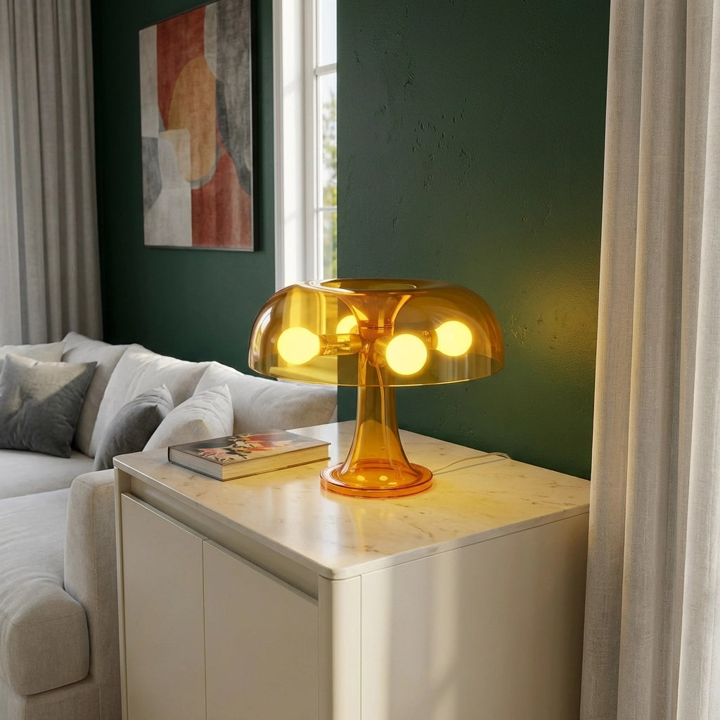 Lampe champignon jaune transparent livre