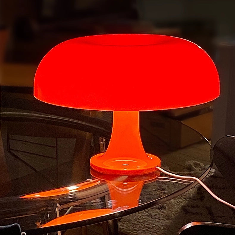 Lampe champignon orange table verre