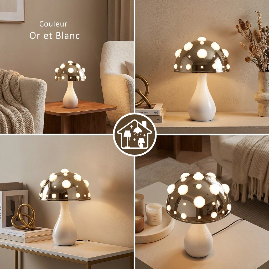 Lampe champignon quatre vues or logo