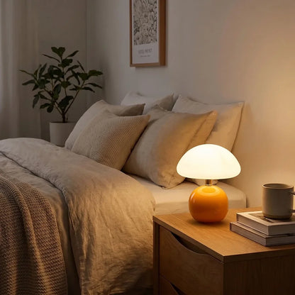 lampe champignon design orange chambre lit tasse