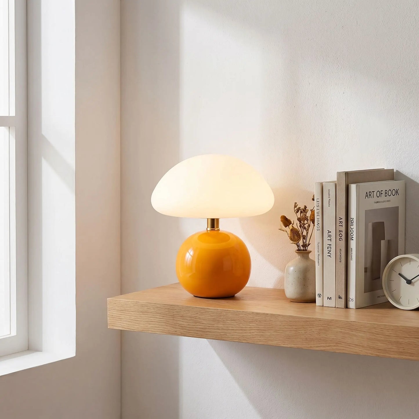 lampe champignon design orange étagère fenêtre