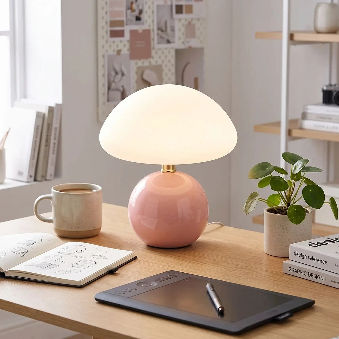 lampe champignon design rose graphiste bureau