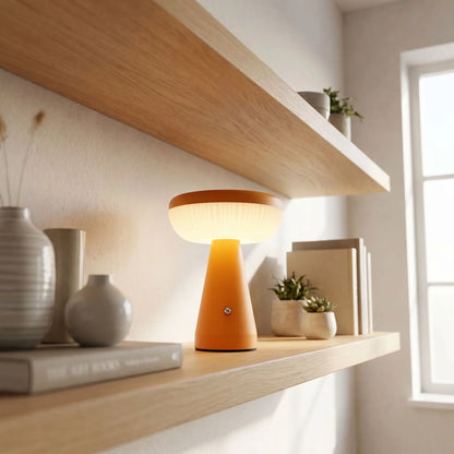 lampe champignon orange étagère livres jour