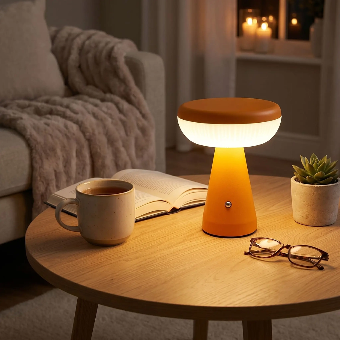 lampe champignon orange salon lunettes
