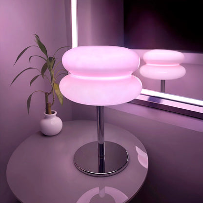 lampe de table verre vintage rose miroir allumée
