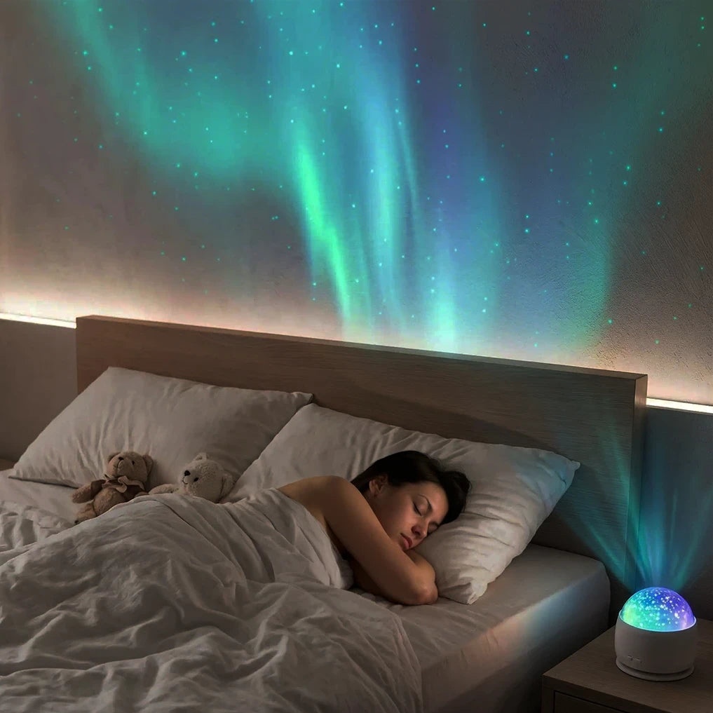 veilleuse projection bleu femme endormie chambre